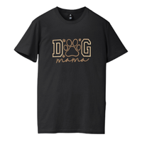 Black custom embroidered shirt with "Dog mama" design on front, available in multiple fabric options