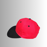 Red and black flat brim cap with customizable design and adjustable snapback fit
