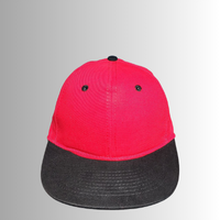 Red and black flat brim cap with adjustable snapback and custom print option