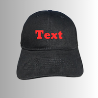 Black embroidered baseball cap with red custom text design