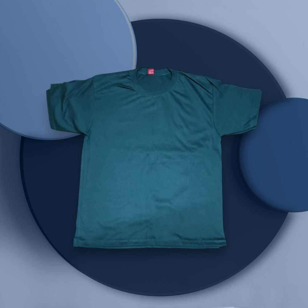 Classic dark polycotton T-shirt laid flat, ideal for custom printing, available in sizes S to 5XL.