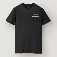 Black shirt with white embroidered left chest logo text sample, customizable left chest logo embroidery design, shirt included