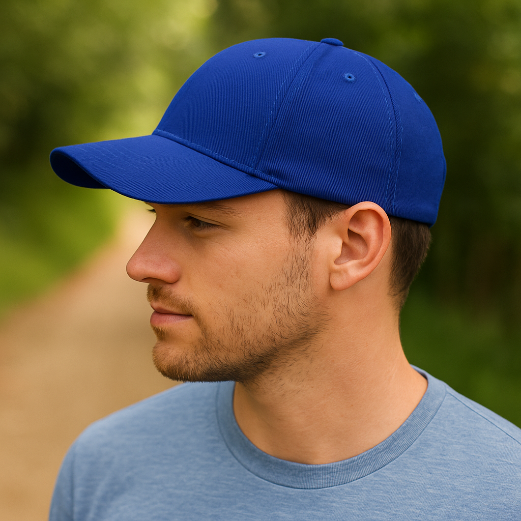 young man wearing blue custom print baseball cap outdoors