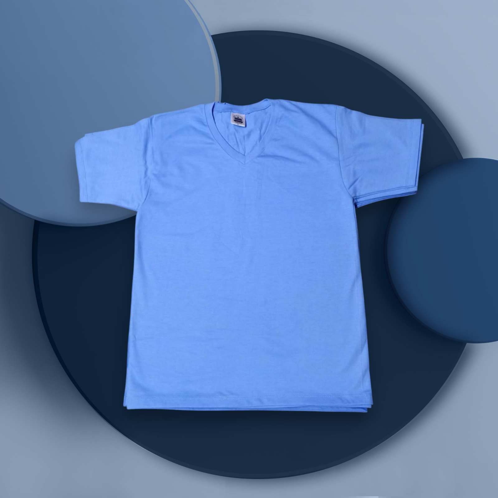 Light pastel blue polycotton T-shirt with V-neck, soft and lightweight fabric, customizable print options.
