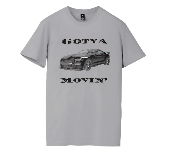 Gray unisex Gotya Goin’ Tee with black sports car graphic and "GOTYA MOVIN'" text, soft breathable cotton blend.