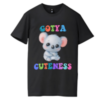 Black GOTYA Cuteness Tee featuring a cute koala graphic with vibrant rainbow lettering and soft cotton blend fabric