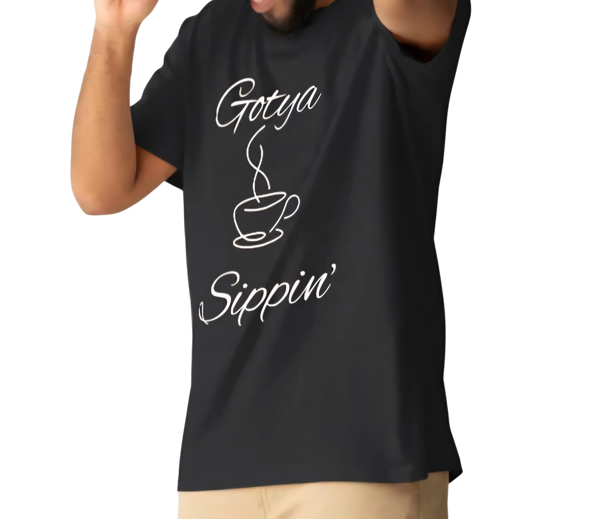 Black Gotya Sippin’ Tee with white coffee cup graphic and text, part of The GOTYA Collection, unisex premium cotton blend shirt.