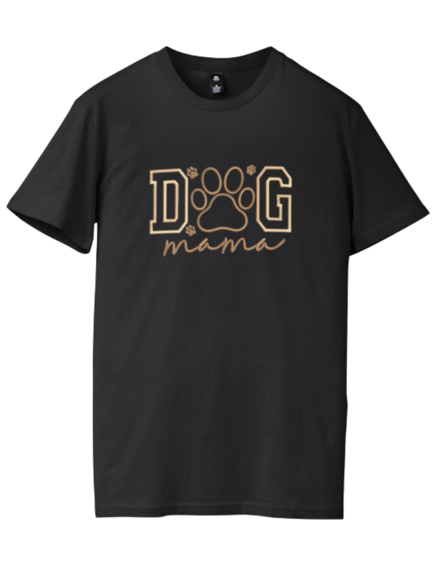 Black cotton shirt with custom embroidered "DOG mama" design featuring a paw print, showcasing front embroidery option.