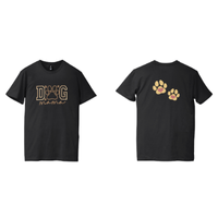 Custom black shirt with front and back embroidery featuring logo and paw print designs