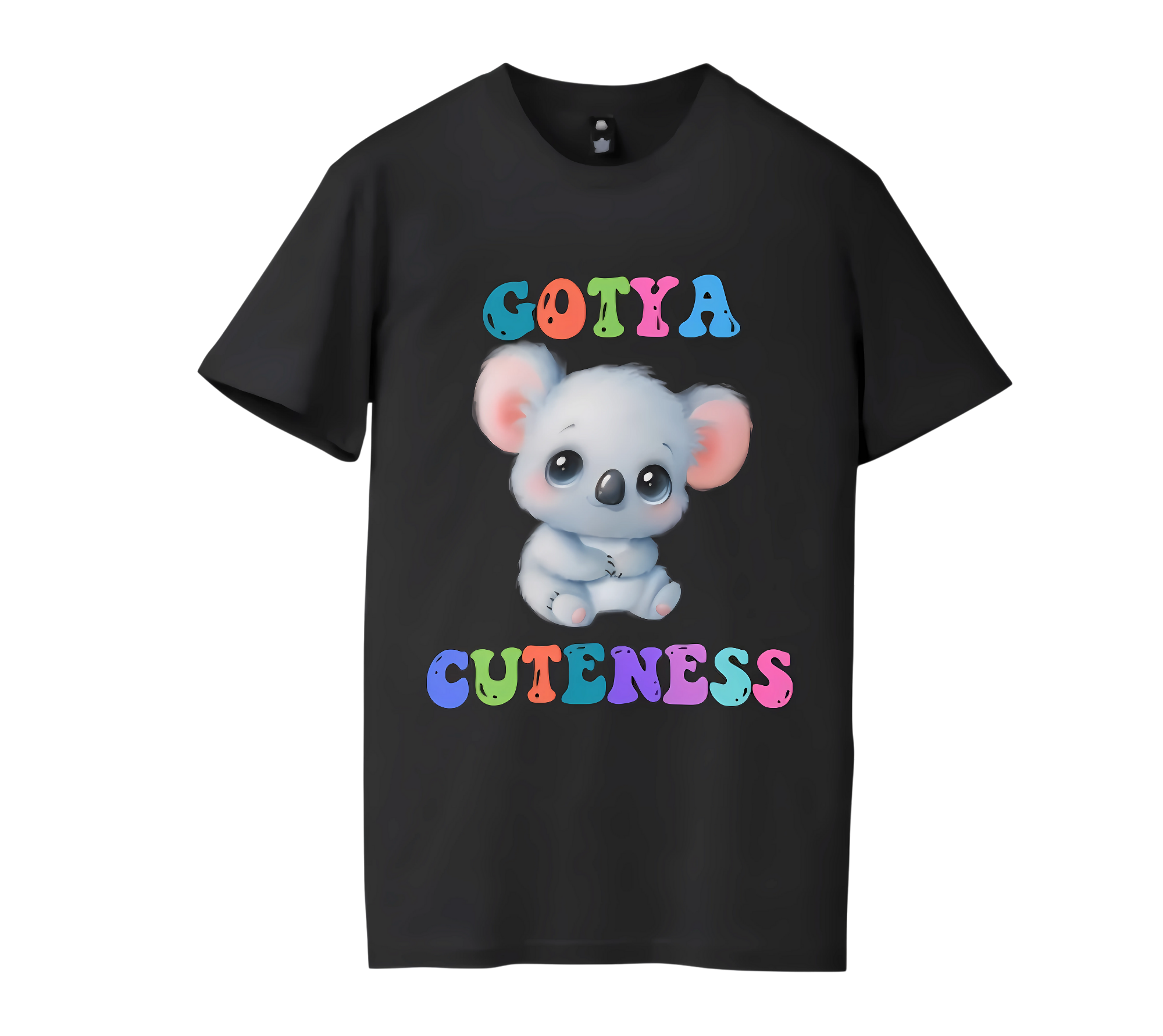 Black GOTYA Cuteness Tee with cute koala graphic and colorful rainbow text.